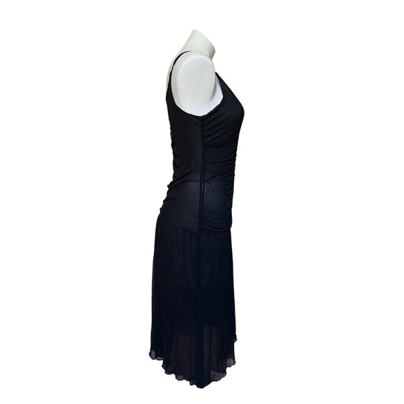 Black Ruched Sheer Mesh Tulle Corset Midi Dress w Drop Waist & Sweetheart Neck - Picture 3 of 7